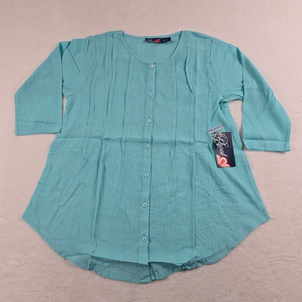 Phool Women Aqua Blue Cotton Crinkle Gauze Pintuck 3/4 Sleeve Button Top Large